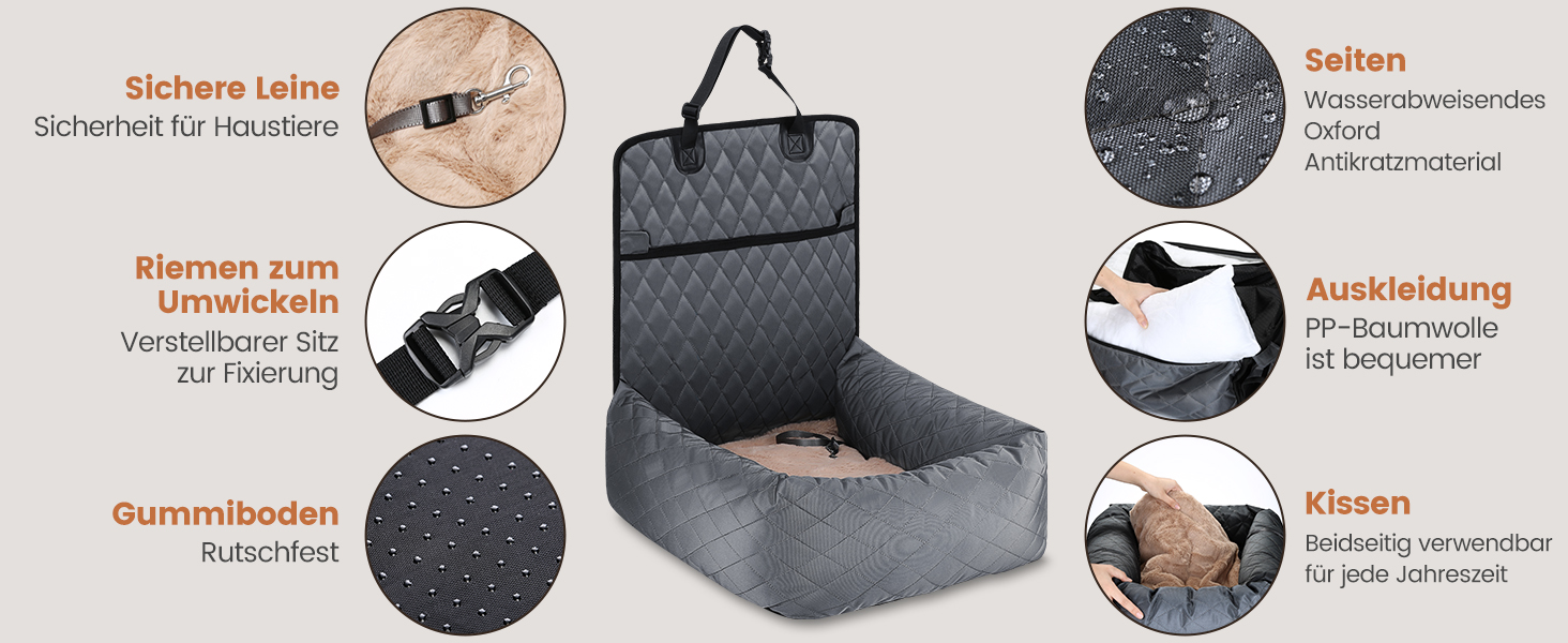 Крісло-підвищення для собак у машину 2 в 1 з підстилкою та ременем безпеки (Сірий, M)