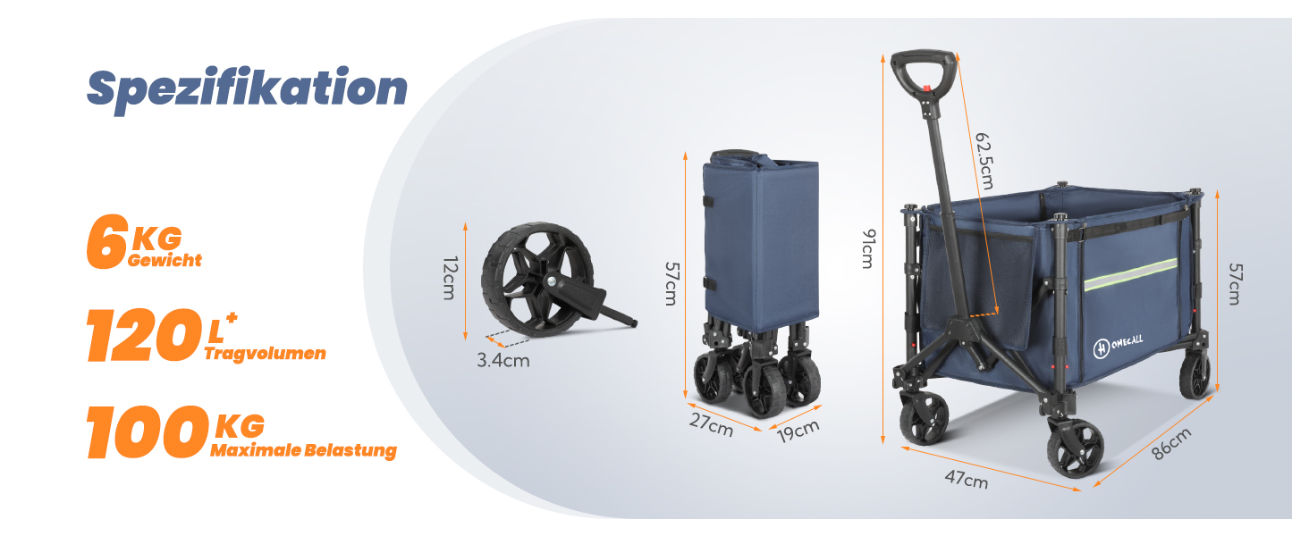 Складаний вагончик Homecall для відпочинку, покупок та транспортування (100 кг, Navy Blue)