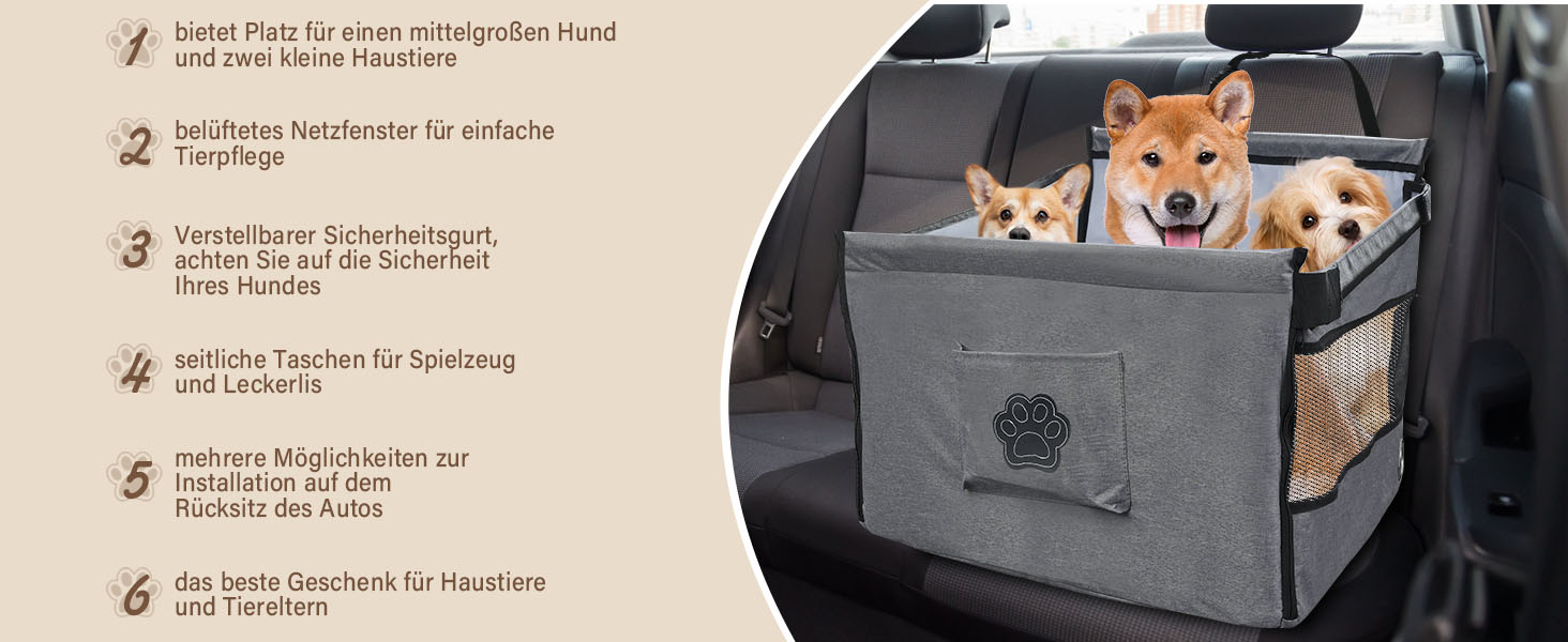 Автокрісло для собак - сіре автокрісло для малих та середніх собак, водовідштовхувальне, з сіткою та ременем безпеки, складане, підходить для будь-якого авто
