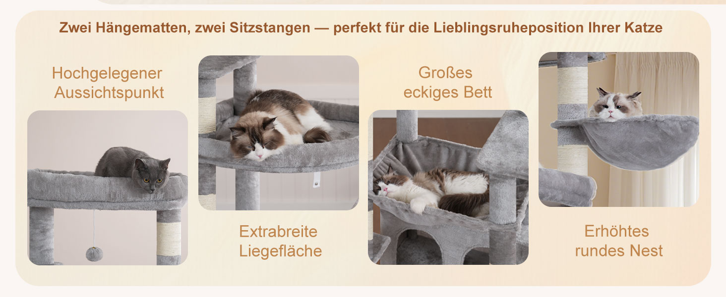 Кігтеточка Heybly для котів, 202 см з 2 великими лежаками, когтешкребком, великою печерою, кошиком, сизалевим стовпом та гамаком. Підходить для дорослих котів, світло-сіра HCT038W