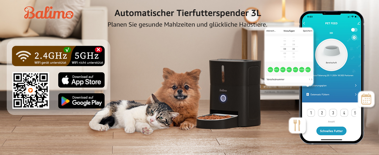 Автомат годування котів Balimo 3L з Wi-Fi, інтелектуальний диспенсер для котів/собак, з підсвічуванням та мискою з нержавіючої сталі 304, керування через додаток, 1-10 прийомів їжі на день, білий/чорний