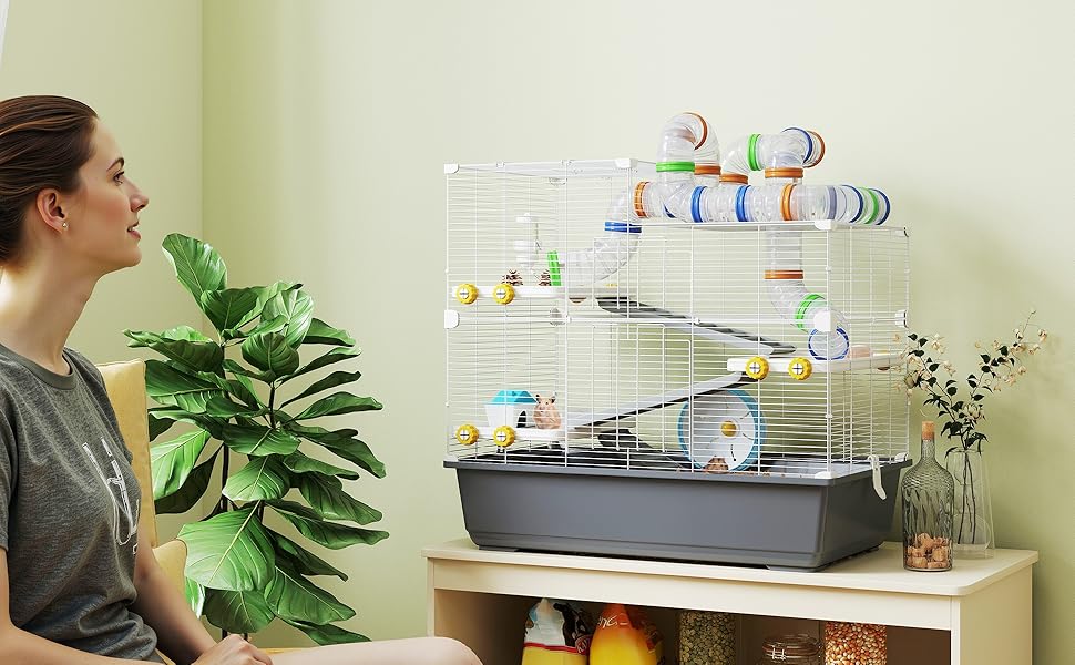 Клітка для хом'яків PawHut 4-ярусна з аксесуарами: колесо, годівниця, тунель, хатинка. Розмір 78x45x73 см, сіра