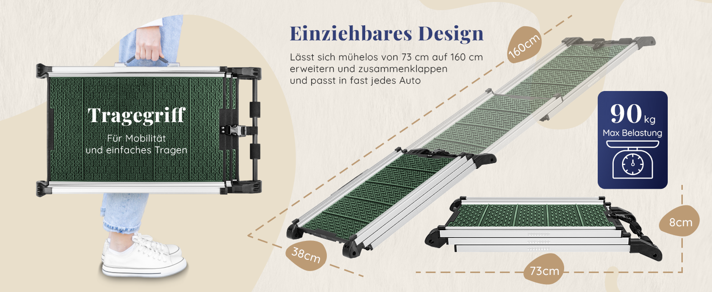 Трампліна для собак у машину, складна, стабільна, до 90 кг, алюмінієва, для великих собак, з відбивачами, сіра (лісовий зелений)