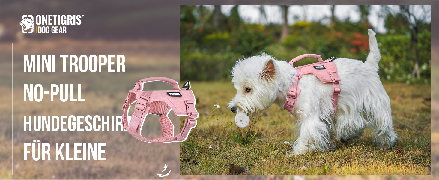 Шлейка для собак OneTigris MINI Trooper, рожева, XS, з повідком 150 см, з ручкою для контролю та 2 позиціями для буксирування