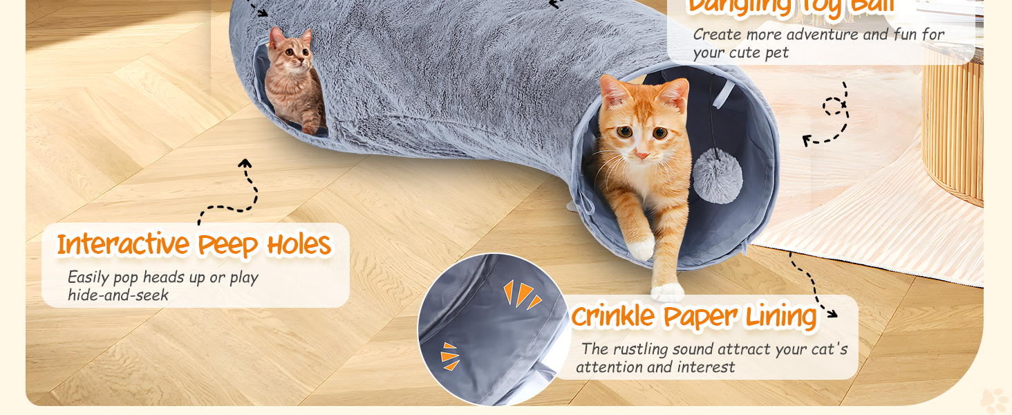 Туннель для котів Nobleza, 3-ходовий, розкладний, з іграшкою-м'ячиком, сірий (D25*L108cm)