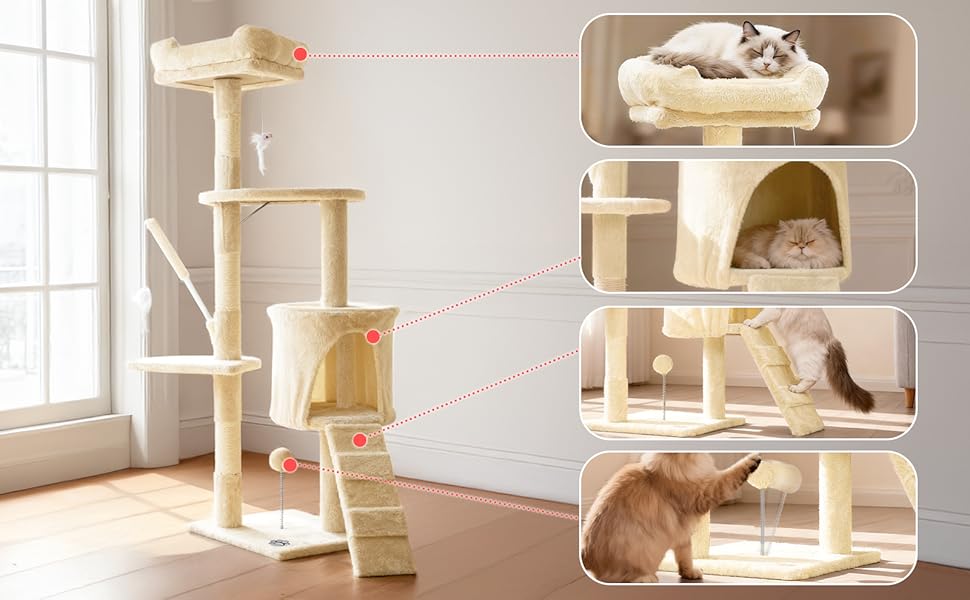 Кігтеточка для котів Vounot® - багатоповерхова кімнатна кігтеточка з платформами, печерою та іграшками, 112 см, бежева
