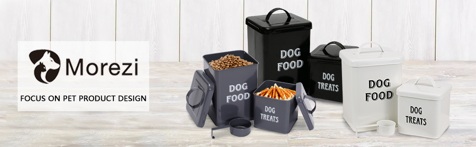 Контейнери для корму Morezi (2 шт.), з вуглецевої сталі, з герметичним кришкою та ложкою, для зберігання корму для собак, котів та інших тварин. Білий колір.