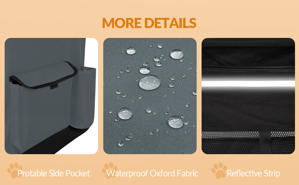 Транспортна переноска для собак Fobyfurny, сіра, 60 x 42 x 42 см, 60 л, з відбиваючими смугами та кишенями, знімний мат, Oxford-тканина, FPDT005OG1