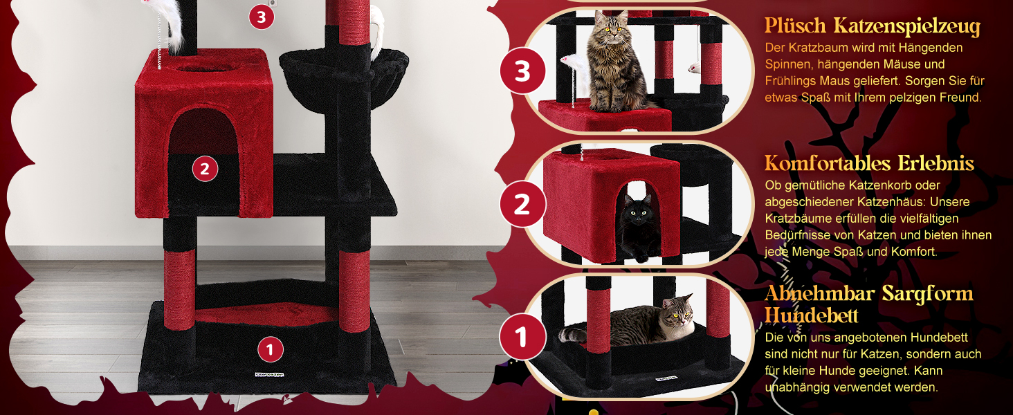 Дім-дерево для котів Globlazer Gotisch XXL: міцний, чорно-червоний, 183 см, з гамаком, будиночком, платформами, корзиною. Підходить для великих порід (Maine Coon, BKH)