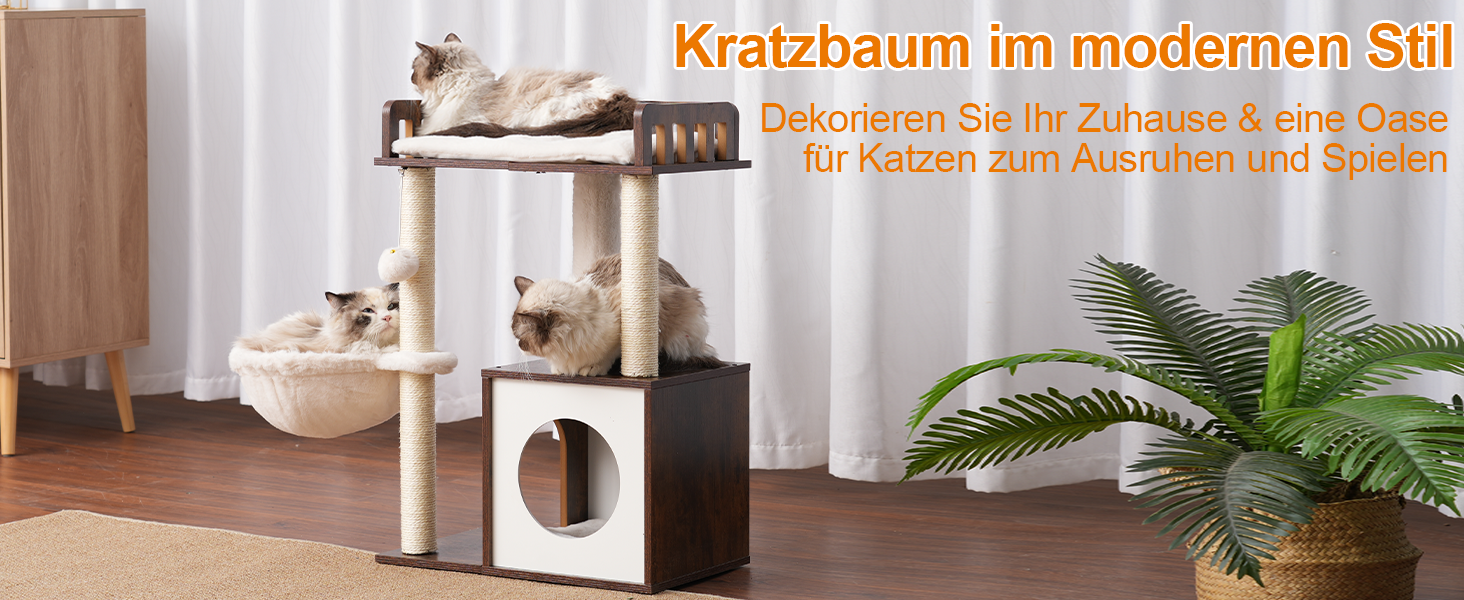 Дряпальня для котів Heybly з платформою 30x50 см, кігтеточкою з кошиком та 2-ма сизалевими стовпчиками, стабільна, для котів середніх та маленьких порід, колір: vintage brown (HCT007SSR)