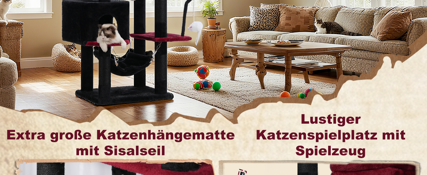 Великий котячий будиночок Kratzbaum: стабільний, 200 см, з платформами, печерами, гамаком та сизалевими стовпчиками (GCT031W, чорний та червоний)