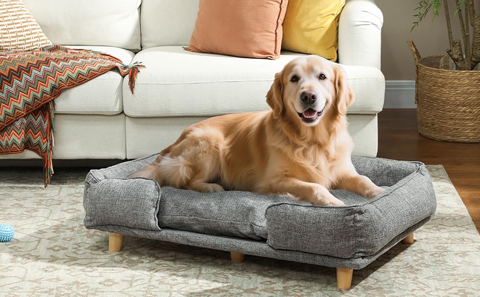 Диван для собак PawHut - зручне ліжко для тварин з підлокітником, на дерев'яних ніжках, сірого кольору, розмір 96 x 66 x 24 см, для собак до 30 кг та 60 см висоти в плечі