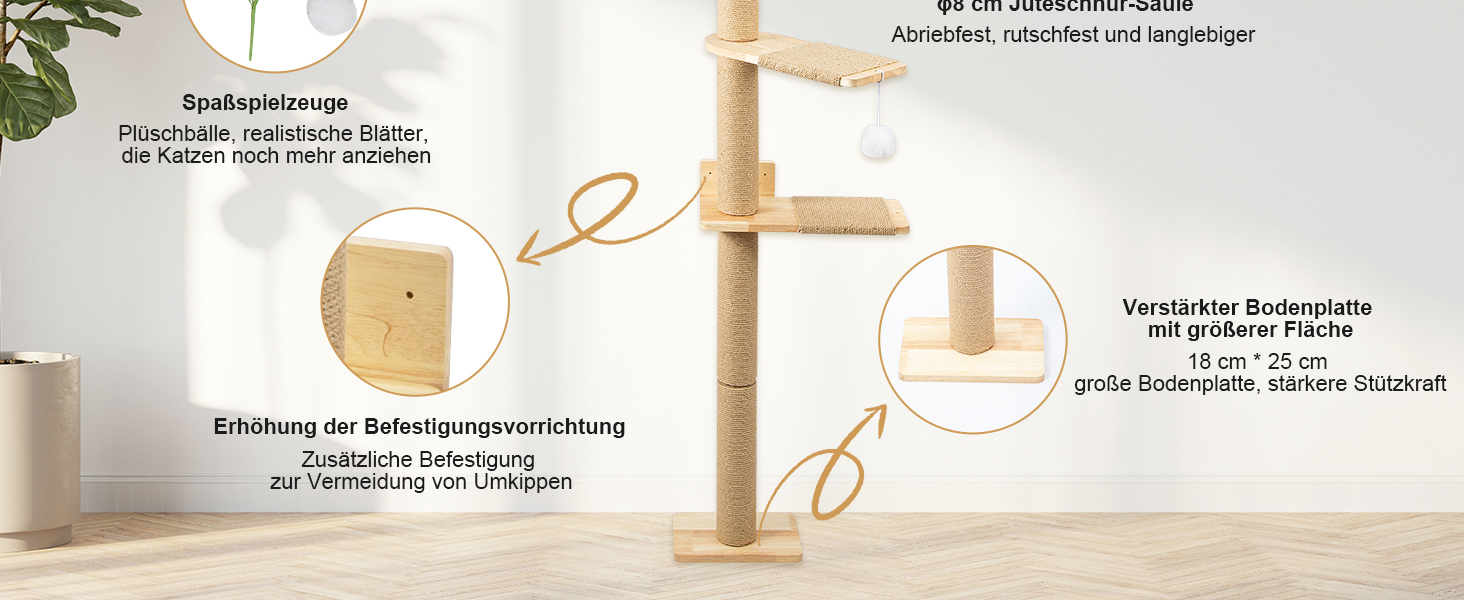 Кігтеточка для котів Youyijia 206 см з натурального каучукового дерева, 5 ярусів, настінна, з розширеною основою, плюшевими кульками, 360° обертання, XXL кігтеточка для котів