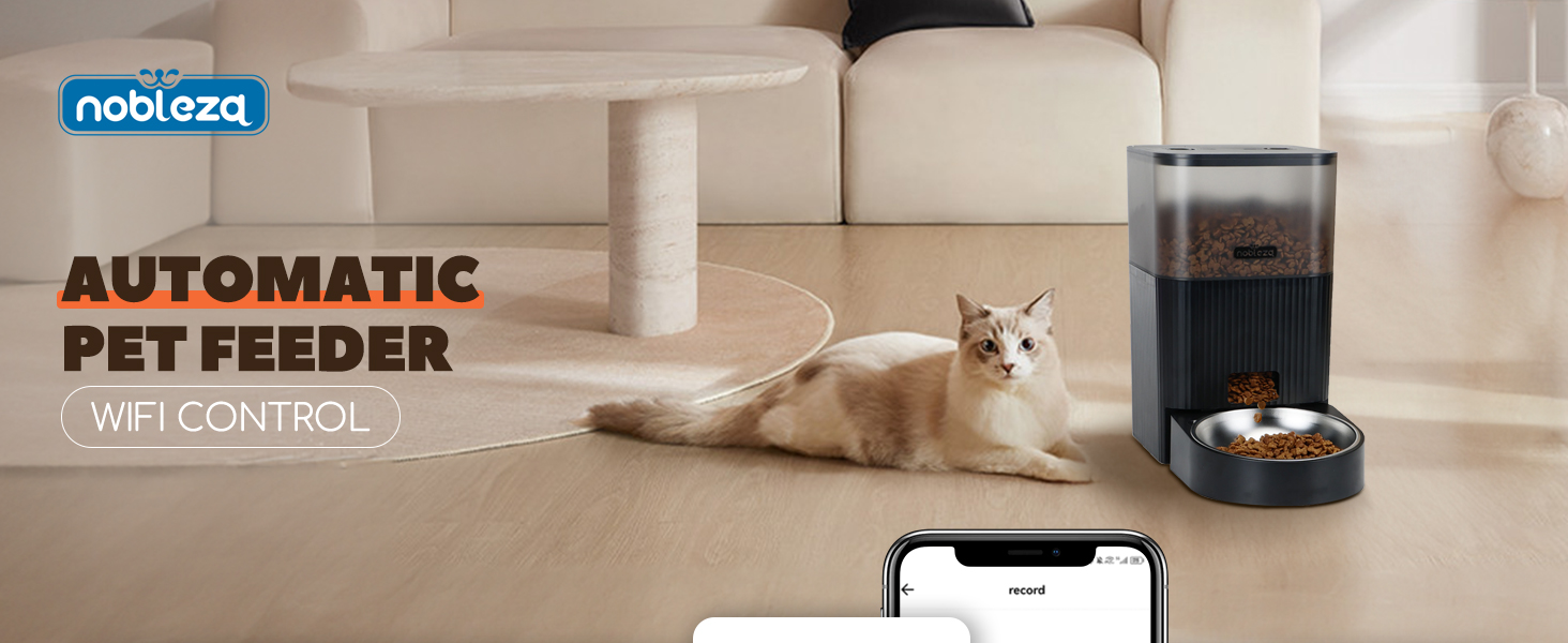 Автоматичний годівниця для котів та собак Nobleza з Wi-Fi, 4.2L, таймер, 10S запис голосу, 1-10 порцій, миска з нержавіючої сталі та пакетик силікагелю, чорний