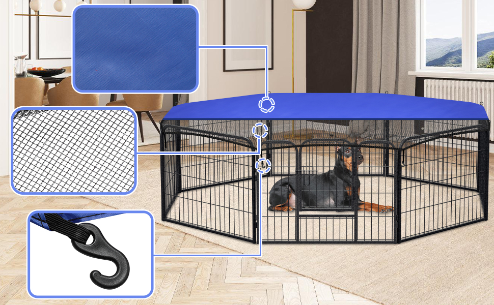 Клітка для цуценят Yakimz 8-частинна, вигульна клітка для цуценят висотою 60 см з дверцятами та захисним тентом, гнучка та складана клітка для собак, загородження для цуценят, собак, кроликів та інших дрібних тварин, 8 шт. - 80x60 см