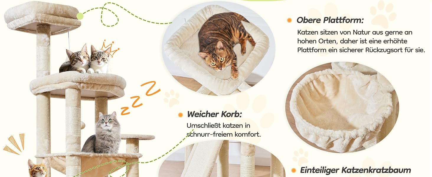 Когтеточка для котів Taoqimiao 183 см, велика, XXL, з будиночком, гамаком, когтеточками, платформою, MS045W (Бежева)