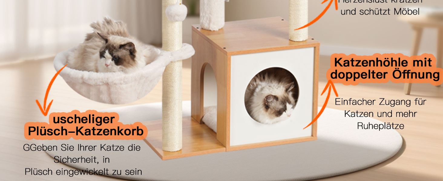 Дерев'яна кігтеточка Heybly HCT007SSR для котів: кігтестоїка-стійка з платформою 30x50 см, будиночком та 2 сизалевими стовпчиками, коричнева