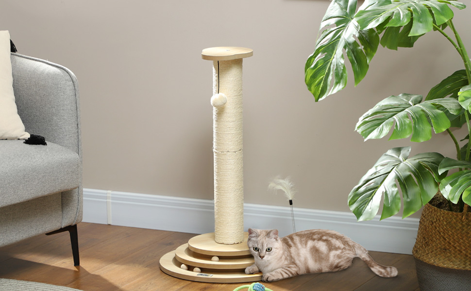 Котячий кігтеточки PawHut 4-в-1 з сизалю, 69 см, з іграшкою, для дому, дуб, 45 x 45 x 69 см