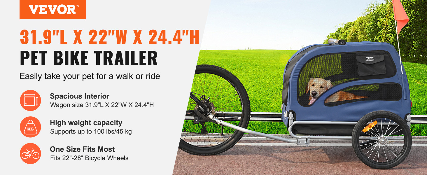 Фаркоп для собак VEVOR 30 кг 2в1: велосипедний причіп, візок для дітей, бугі для собак, джогер. Матеріал: вуглецева сталь, Oxford 600D, PP. Розміри: 1440 x 720 x 779 мм (причіп), 1400 x 720 x 830 мм (візок).