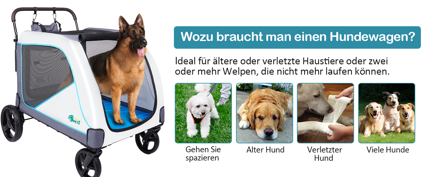 Візок для собак Ownpets XL для великих собак до 70 кг, з місткою сумкою, регульованою ручкою, дихаючим мережем, складний, 4 гумові колеса