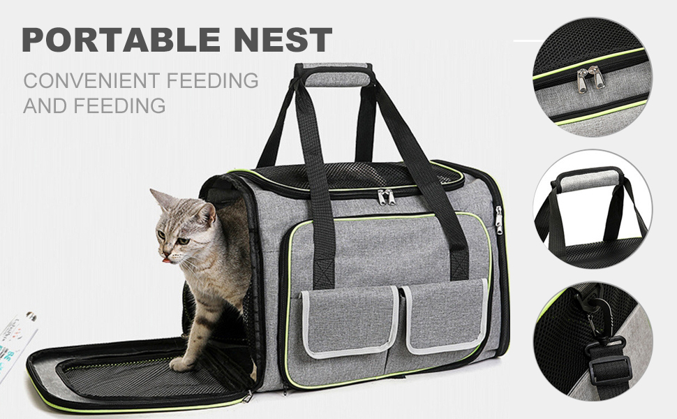 PETCUTE Транспортна сумка для кота, розкладна, з м'яким флісовим ліжком, 2 сторони відкривання, дихаюча сумка-переноска для кота з бічними кишенями, схвалена авіакомпаніями, світло-сіра, M
