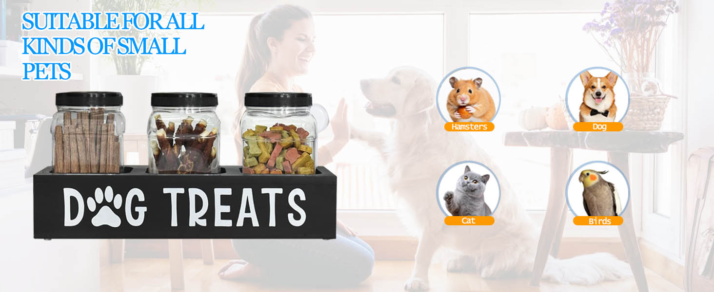 Контейнер для ласощів для собак Niciksty, дерев'яний контейнер для корму з 3 скляними банками, контейнер для корму для собак та котів, чорний