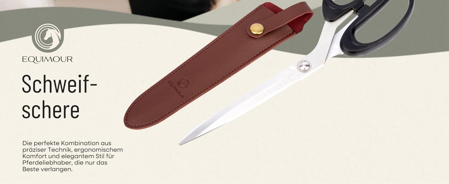 Ножиці для хвоста коня Equimour – професійні ножиці з нержавіючої сталі | Точний зріз для густого хвоста | Ергономічна ручка & чохол з веганської шкіри | Аксесуар для догляду за хвостом коня
