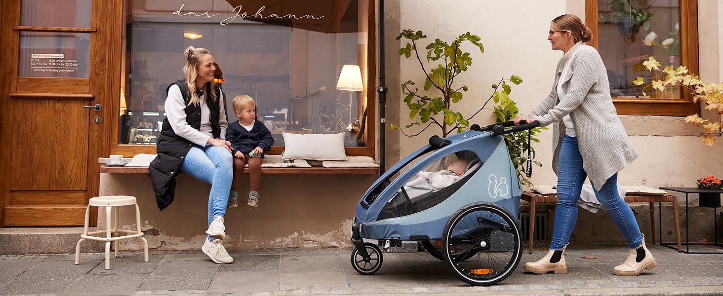 Дитячий велопричіп-коляска Hauck Dryk Duo Plus для 2 дітей (6-48 місяців), з амортизацією, складна, з LED-ліхтарем та великим багажником (Dark Green)