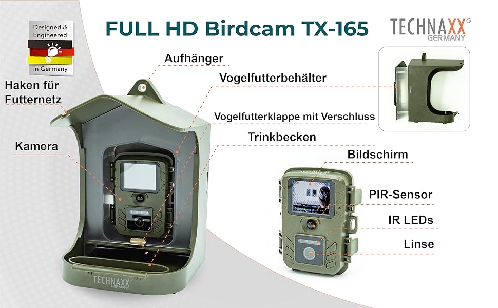 Зовнішня Full HD відеокамера Technaxx TX-165 для спостереження за птахами та тваринами, 100° огляд, уповільнене відео, контейнер для корму 150г