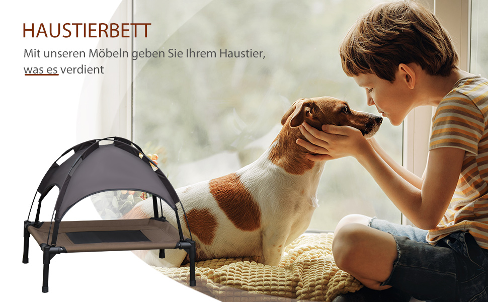 Підвищене собаче ліжко PawHut з балдахіном, лежанка для тварин, лежанка для собак Outdoor з дахом, дихаюча, з тканини Taft для кемпінгу, колір кава/чорний, розмір 76 x 61 x 73 см