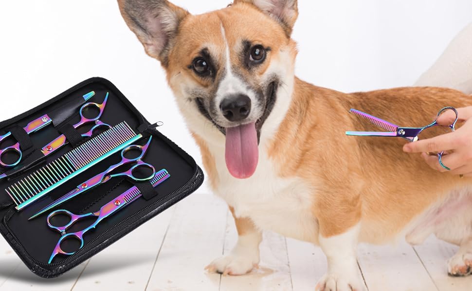 Набір професійних ножиць Yosoo для грумінгу собак та котів: 2 вигнуті ножиці, ножиці для розрідження, гребінець та коробка для зберігання