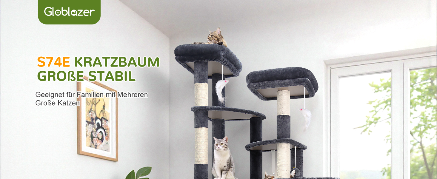 Драбина для котів Globlazer XXL (189 см) з великою печерею та платформами, 2 лежаками, 2 кошиками, стабільна конструкція, темно-сірий