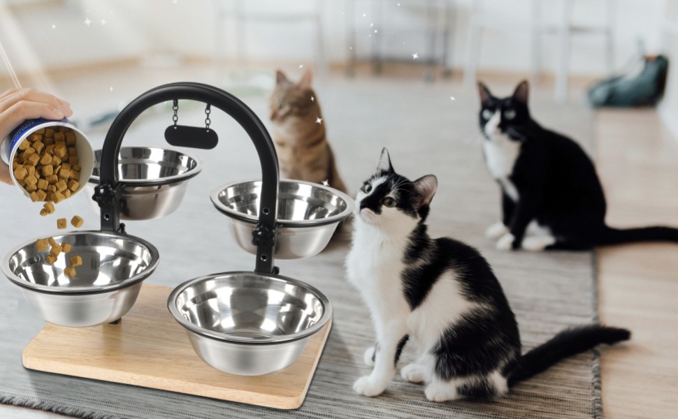 Підвищений годівниця для котів JUJOYBD з 4 нержавіючими мисками, регульована висота, станція годування, миски для їжі та води для котів та маленьких собак
