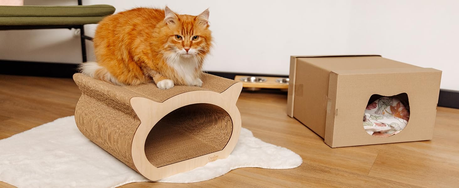 Котяче дряпальня | Дряпка з посиленої картонної конструкції | Натуральні дряпальні дошки | Міцні меблі для котів | 2в1 Дряпка-будиночок для котів | Якісний картон | Великий розмір (37 x 36 x 37 см, у формі кота)