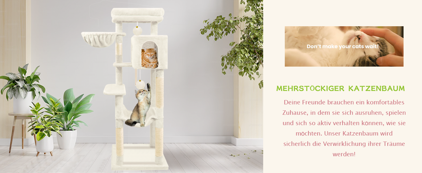 Дерев'яна кігтеточка для котів LEEJARD XXL, 148 см, з платформами, будиночком, гамаком, іграшками та захистом від перекидання, бежева