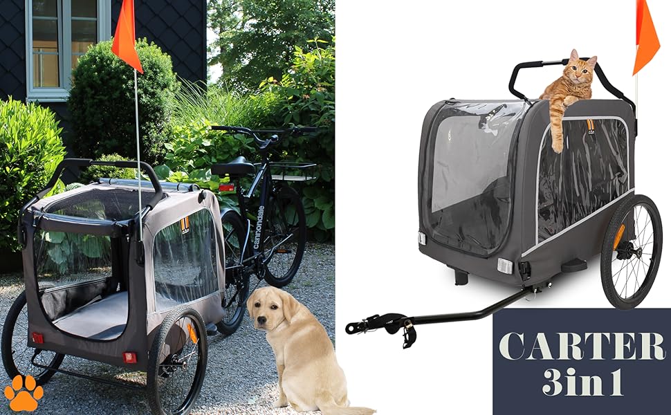 Carter - Велосипедна коляска для собак та домашніх тварин 3в1, причіп, візок для покупок, таргалка, легкий у складанні, сірий, вантажопідйомність 50кг