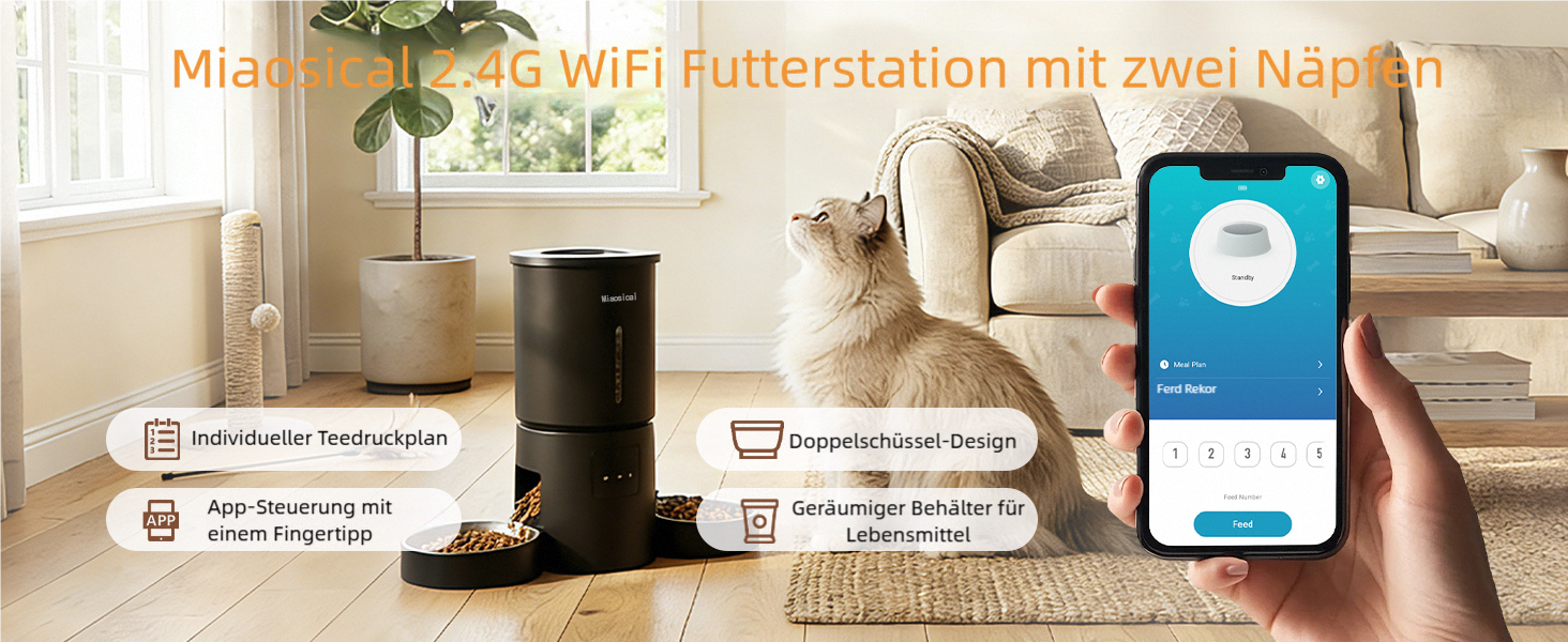 Автомат годування котів для 2 котів з Wi-Fi, таймером та голосовою записом, 4.2L, чорний