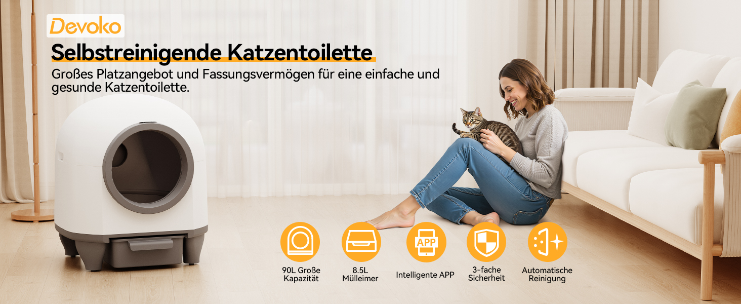 Devoko Самоочисний туалет для котів, 90л з низьким порогом, APP-керування, датчик безпеки та килимком