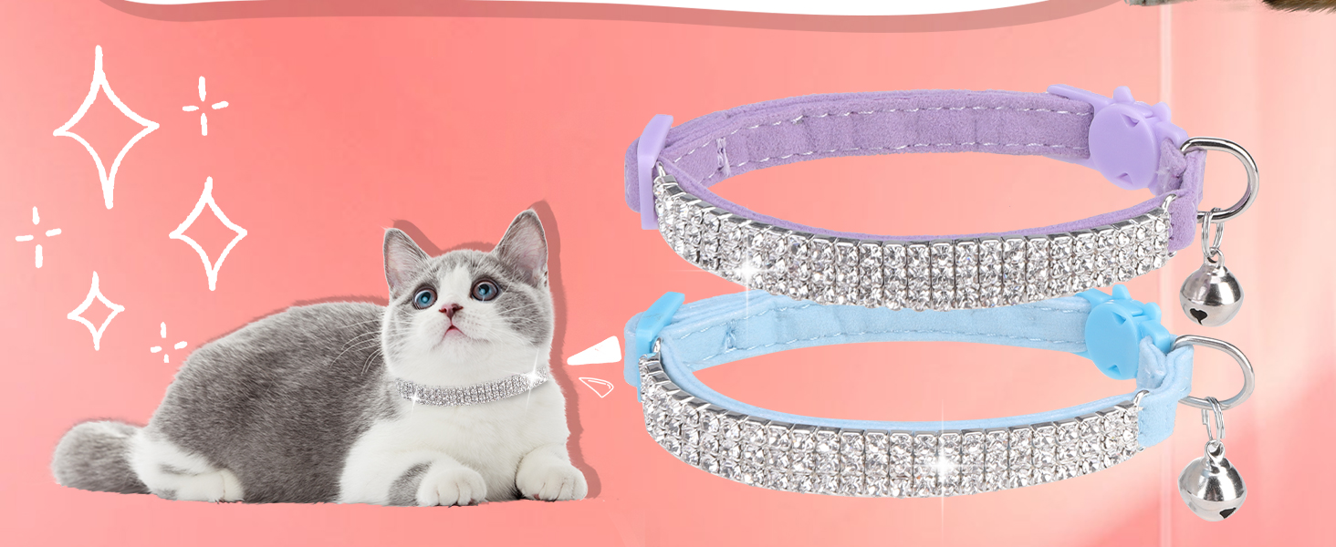 Нашийник для котів ExPawlorer з дзвіночком та стразами, на м'якому оксамиті, регульований, безпечний, для котів та маленьких собак, 2 шт., 9'-12' (Синій та фіолетовий)