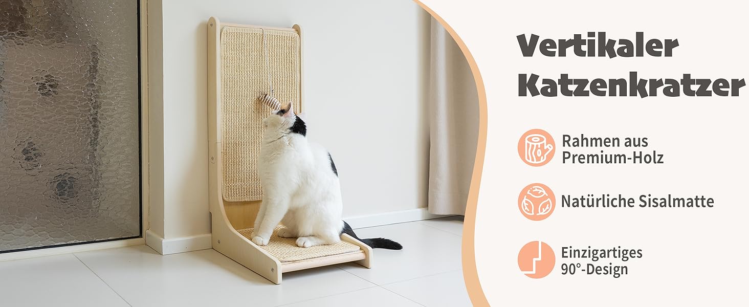 PETKARAY Котячий когтетоп з сизалю, L-подібний, 66 см, 105° вертикальна поверхня для шліфування кігтів, з іграшками, для стіни та кута