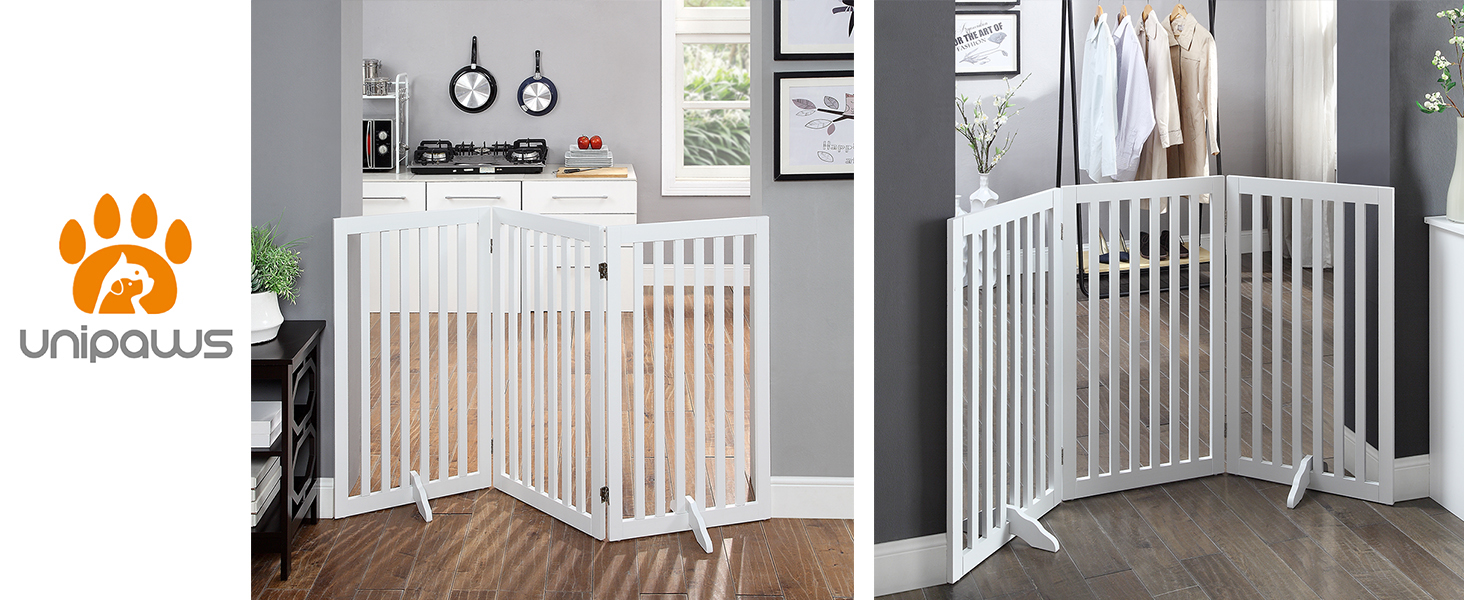 Захисний бар'єр для собак Unipaws, без свердління, дерев'яний, розкладний, для захисту сходів, воріт, каміну (3 елементи, 91 см), білий 153 x 91 см