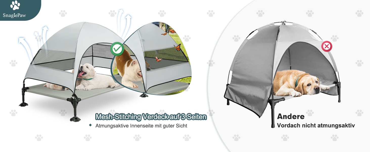 Лежанка для собак Snagle Paw з дахом, підвищене ліжко - стабільне собаче ліжко з антиковзкими ніжками, широка тінь - водонепроникна для великих собак в приміщенні/на вулиці, кемпінг та сад (Сірий, L106 x B76 x H84 см)