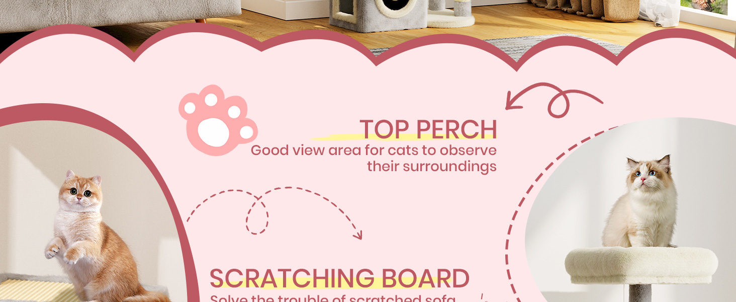 Клітка-когтеточка для котів Dogat 107 см, багатоярусна з когтеточкою, лежаком, будиночком та ігровим м'ячиком (сіра/бежева)