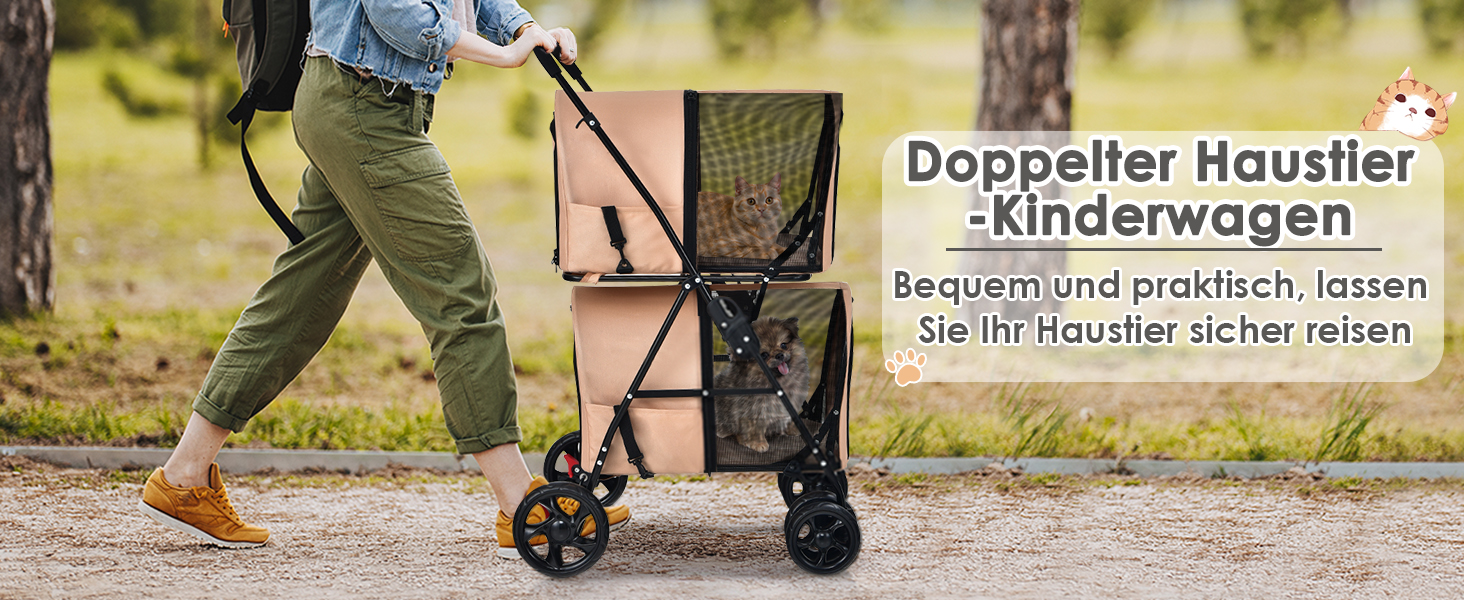 GYMAX Складаний візок для собак, буги для тварин з 2 знімними кишенями, візок для собак з передніми та задніми дверцятами, переноска для домашніх тварин з сітчастою тканиною та колесами з гальмами, переноска для собак та котів (Блакитний)