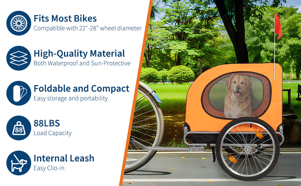 Дитячий велосипед-причеп для собак до 40 кг – з безпечною лідкою, прапорцем, 20-дюймовими шинами, амортизацією, водонепроникним покриттям з ПВХ, сталевим каркасом, вентиляційними вікнами – помаранчевий