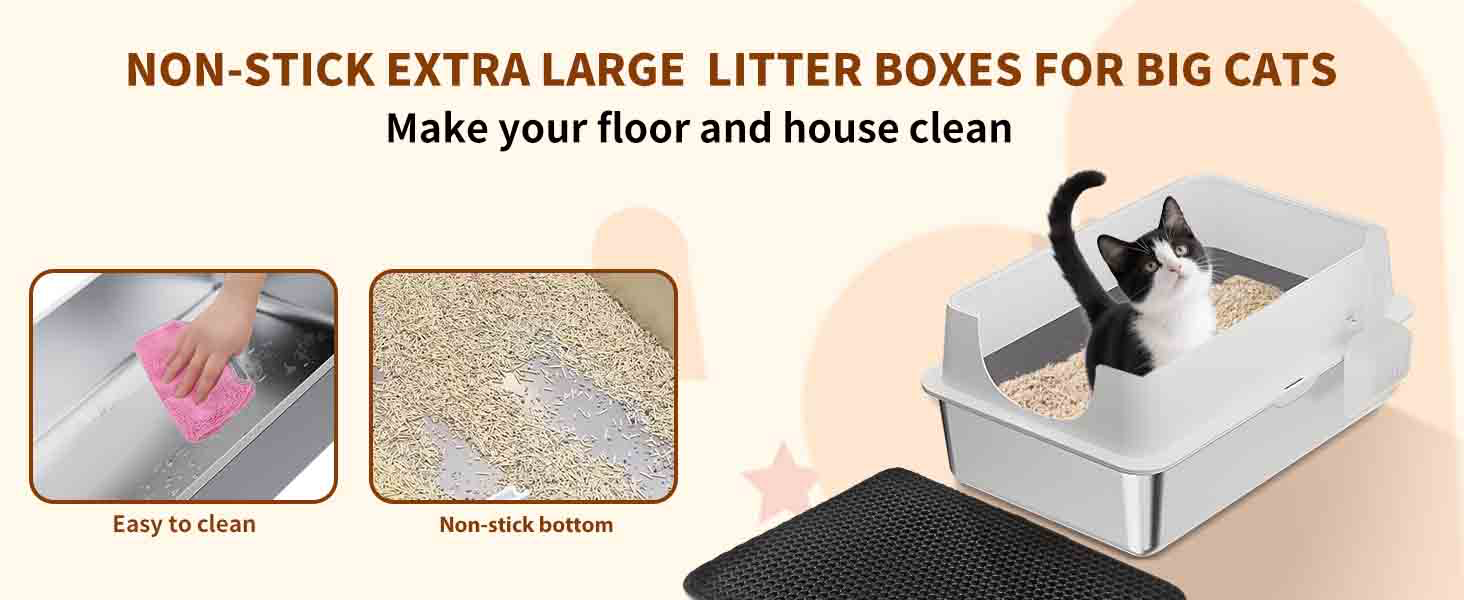 Лотку для котів з нержавіючої сталі з кришкою, великий, для великих котів, з совоком та килимком сірого кольору