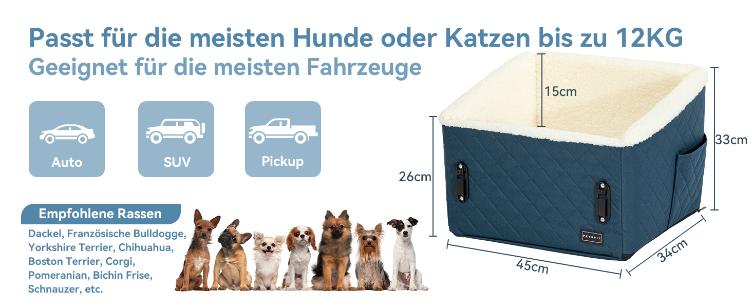 Автомобільний лежак для собак PETFIT, 12.5 см, блакитний, до 12 кг, з підкладкою