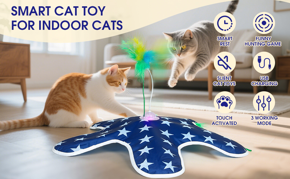 Інтерактивна іграшка для котів PUHOHUN: автоматична мишка з пір'ям, іграшка-палиця з пір'ям, синього кольору