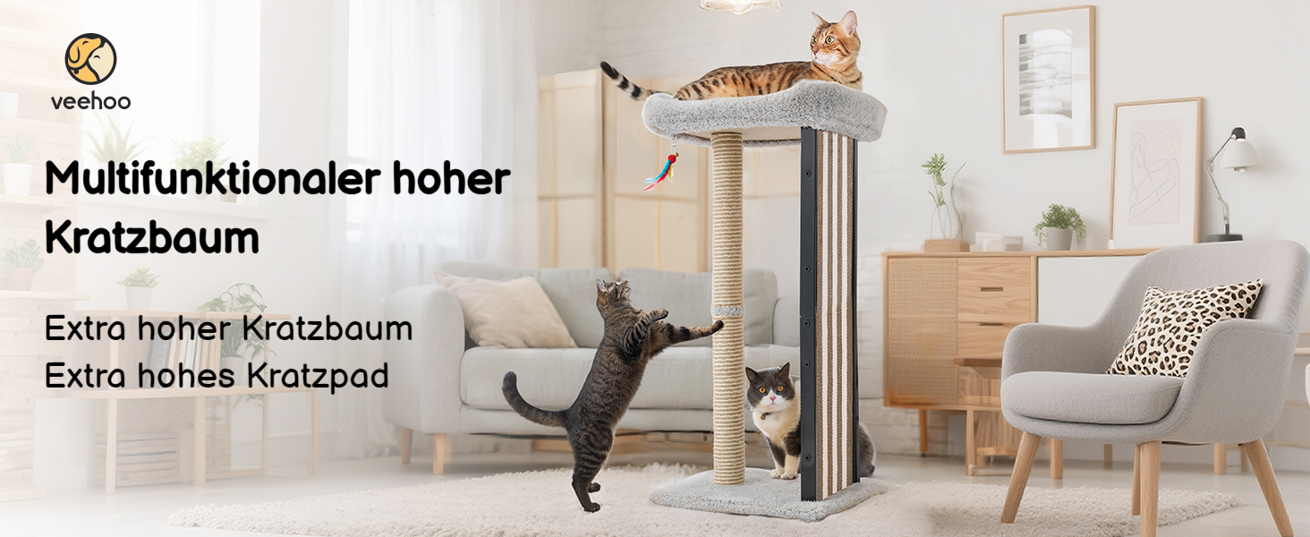 Дряпалка для котів Veehoo, 90 см, сіра. Стабільна дряпка з платформою та іграшками. Підходить для кошенят та дорослих котів. Розміри: 46 x 37 x 90 см