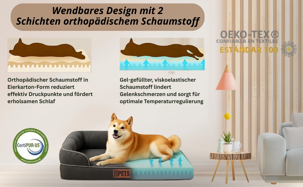 Ортопедичне ліжко для собак середніх та великих порід CORTESPETS® - диван для собак, знімний та пральний чохол, високі бортики, м'яке ліжко з Memory Foam, вологостійке, сірого кольору, 90 x 64 x 17 см